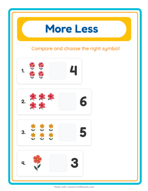 Preview of More Or Less worksheet featuring Flowers for preschool
