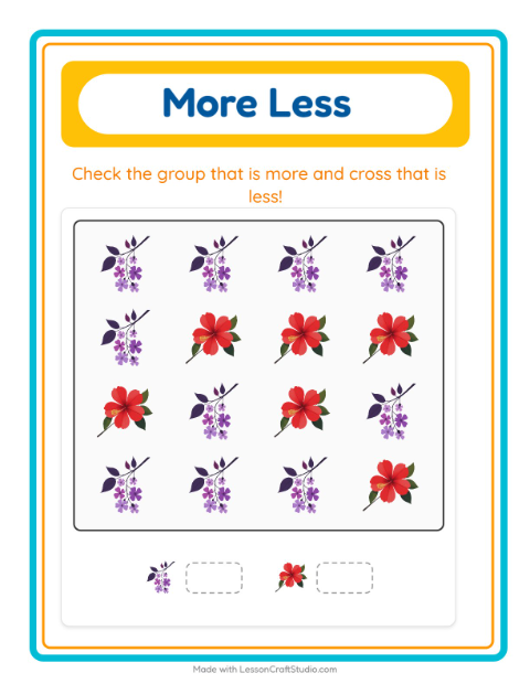 Preview of More Or Less worksheet featuring Flowers for preschool