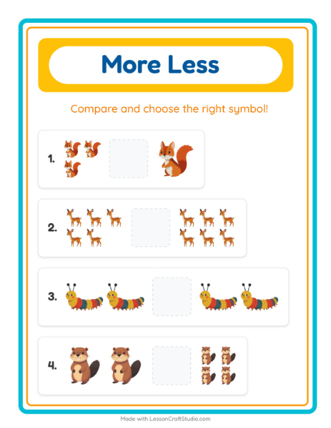 Preview of More Or Less worksheet featuring Forest Creatures for preschool