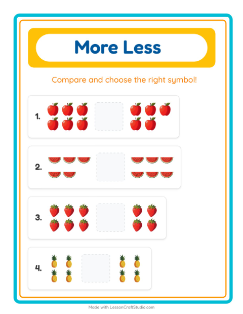 Preview of More Or Less worksheet featuring Fruits for preschool