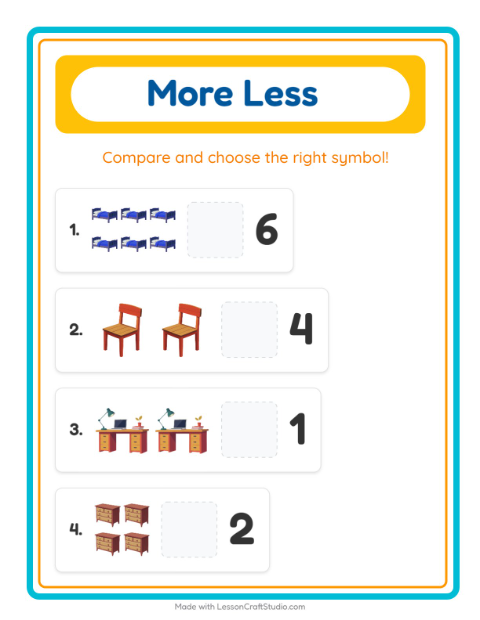 Preview of More Or Less worksheet featuring Furniture for preschool