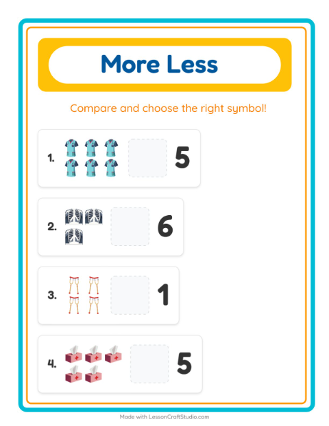 Preview of More Or Less worksheet featuring Hospital for preschool