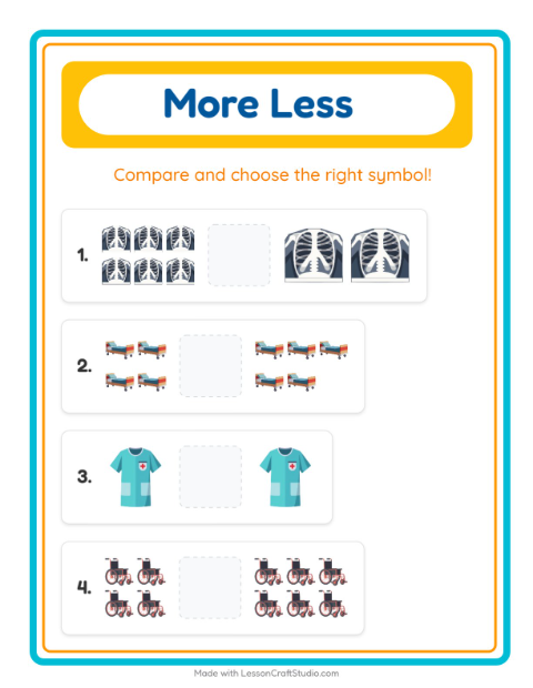 Preview of More Or Less worksheet featuring Hospital for preschool