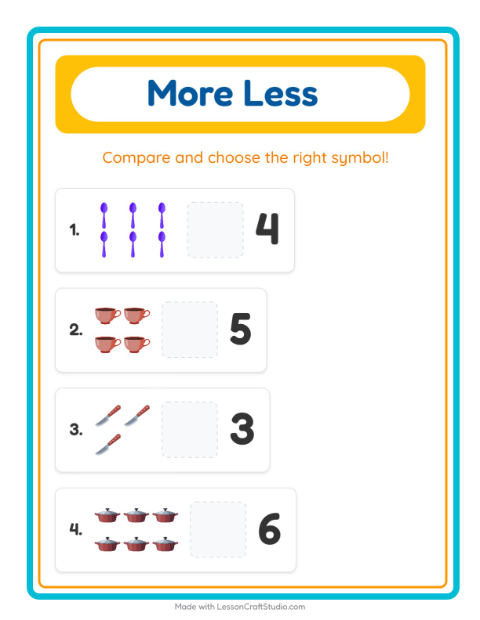 Preview of More Or Less worksheet featuring Kitchen Tools for preschool