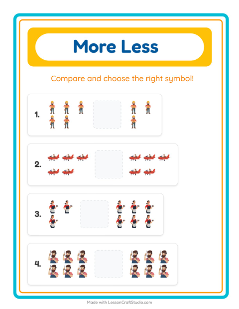 Preview of More Or Less worksheet featuring Kitchen Tools for preschool