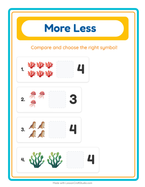 Preview of More Or Less worksheet featuring Ocean Life for preschool