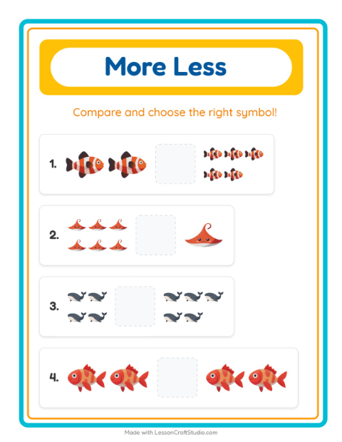 Preview of More Or Less worksheet featuring Ocean Life for preschool