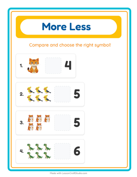 Preview of More Or Less worksheet featuring Pets for preschool