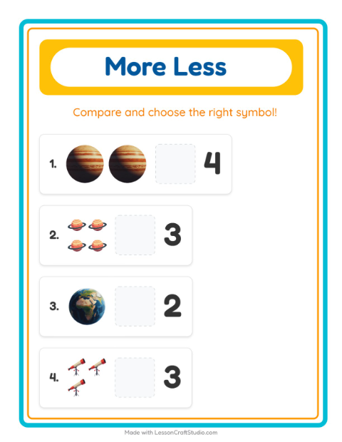 Preview of More Or Less worksheet featuring Space for preschool