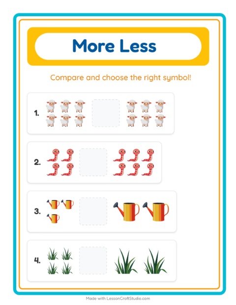 Preview of More Or Less worksheet featuring Spring for preschool