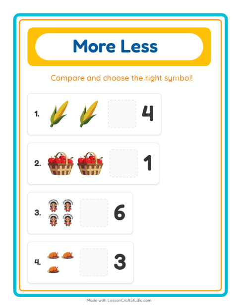 Preview of More Or Less worksheet featuring Thanksgiving for preschool