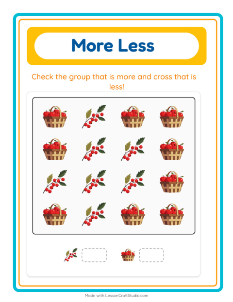 Preview of More Or Less worksheet featuring Thanksgiving for preschool