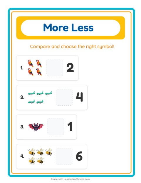 Preview of More Or Less worksheet featuring Things That Fly for preschool