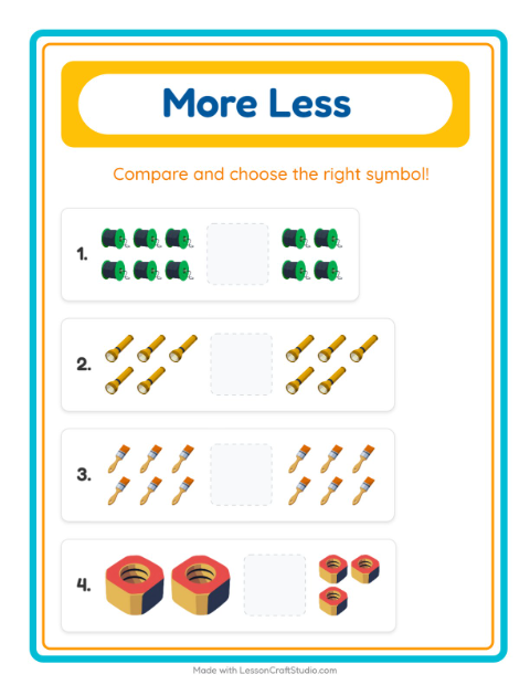 Preview of More Or Less worksheet featuring Tools for preschool