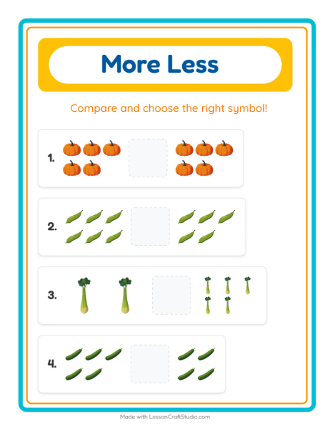 Preview of More Or Less worksheet featuring Vegetables for preschool