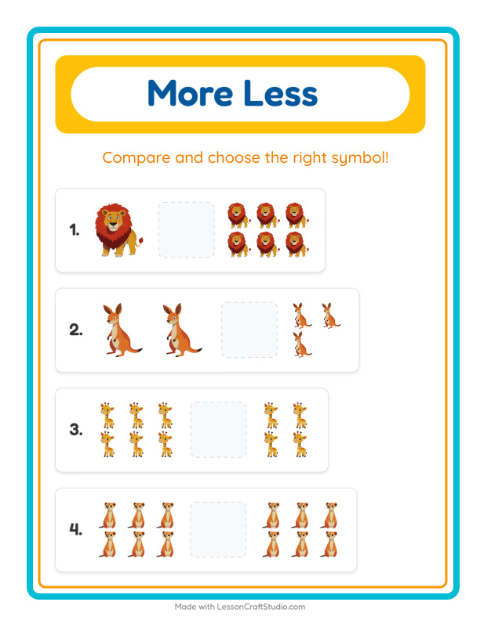 Preview of More Or Less worksheet featuring Zoo Animals for preschool