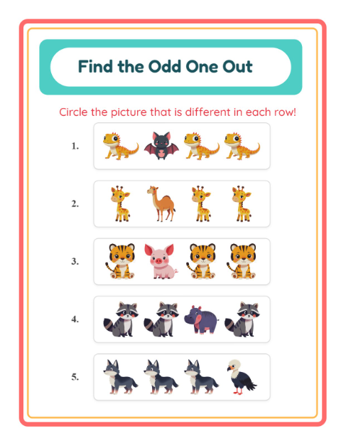 Preview of Odd One Out worksheet featuring Zoo Animals for kindergarten