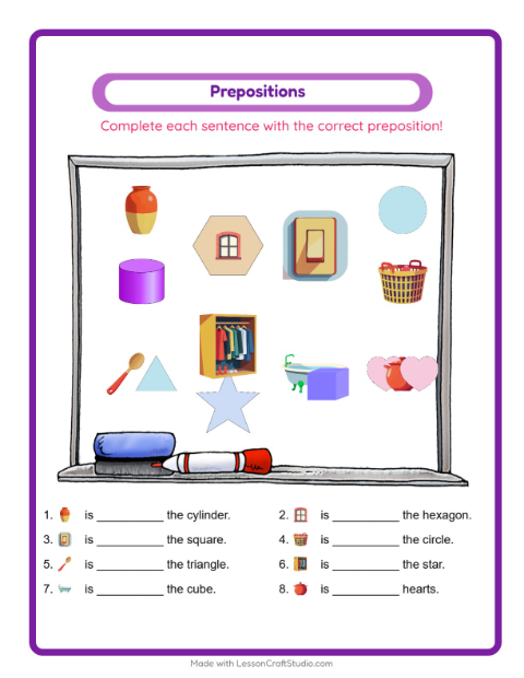 Preview of Prepositions worksheet featuring Around the House for kindergarten