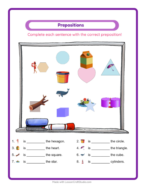 Preview of Prepositions worksheet featuring Beach for kindergarten
