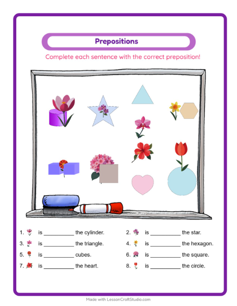 Preview of Prepositions worksheet featuring Flowers for kindergarten