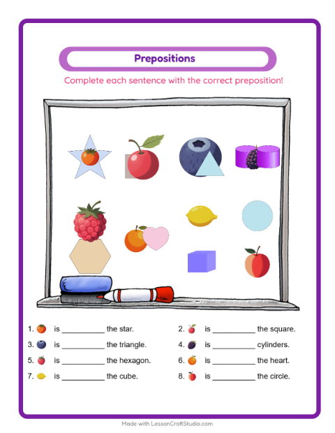 Preview of Prepositions worksheet featuring Fruits for kindergarten