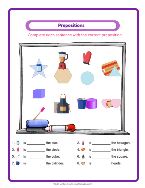 Preview of Prepositions worksheet featuring Kitchen Tools for kindergarten