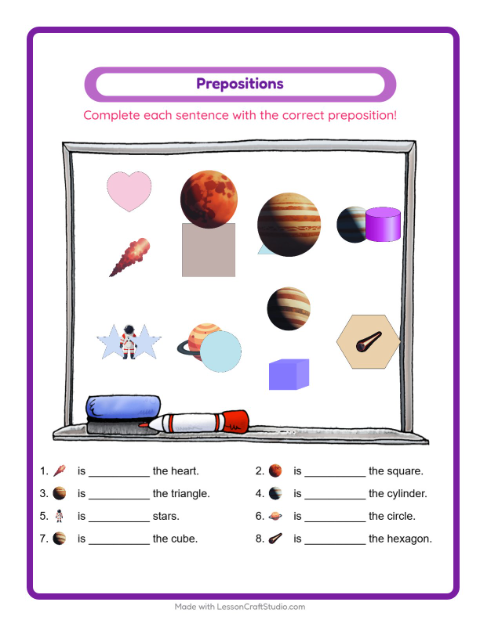 Preview of Prepositions worksheet featuring Space for kindergarten