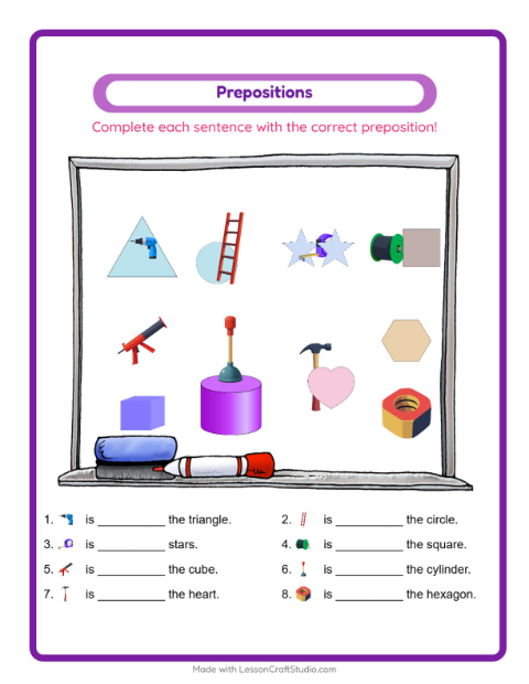 Preview of Prepositions worksheet featuring Tools for kindergarten