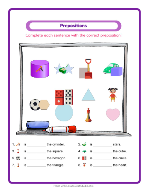 Preview of Prepositions worksheet featuring Toys for kindergarten