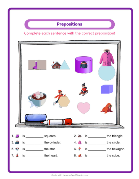 Preview of Prepositions worksheet featuring Winter for kindergarten