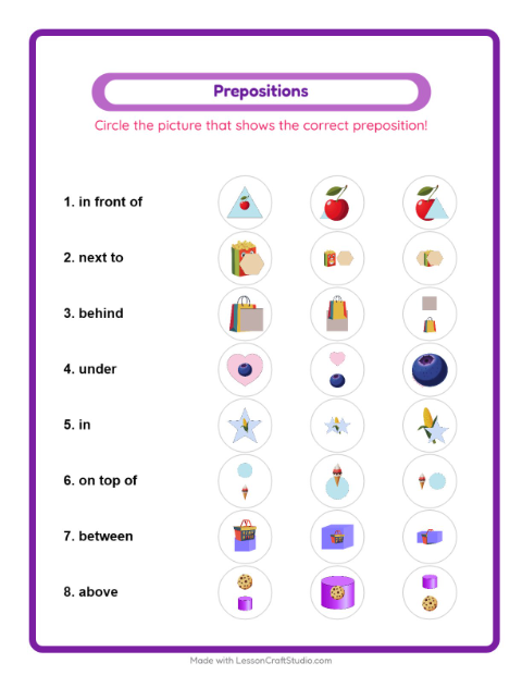 Preview of Prepositions worksheet featuring At the Supermarket for kindergarten