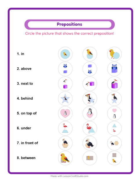 Preview of Prepositions worksheet featuring Birds for kindergarten