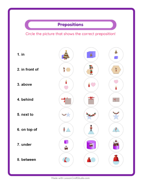 Preview of Prepositions worksheet featuring Christmas for kindergarten