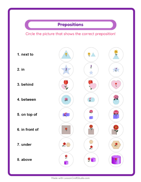 Preview of Prepositions worksheet featuring Flowers for kindergarten
