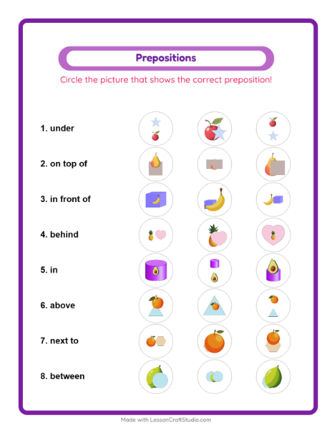 Preview of Prepositions worksheet featuring Fruits for kindergarten