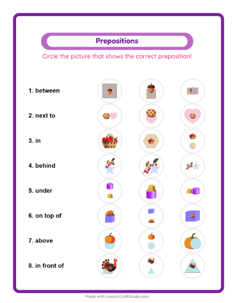 Preview of Prepositions worksheet featuring Thanksgiving for kindergarten