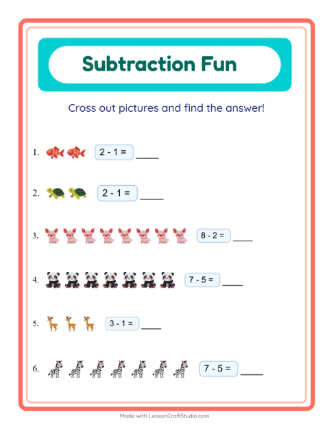 Preview of Subtraction worksheet featuring Animals for kindergarten