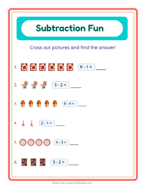 Preview of Subtraction worksheet featuring Around the House for kindergarten