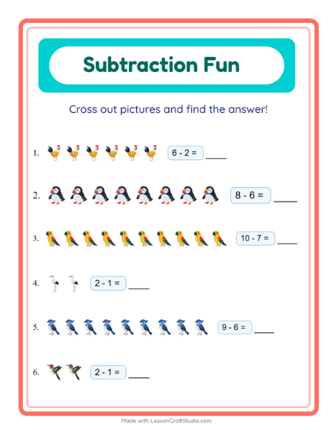 Preview of Subtraction worksheet featuring Birds 2 for kindergarten