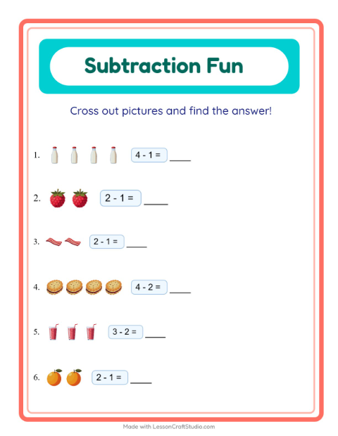 Preview of Subtraction worksheet featuring Breakfast for kindergarten
