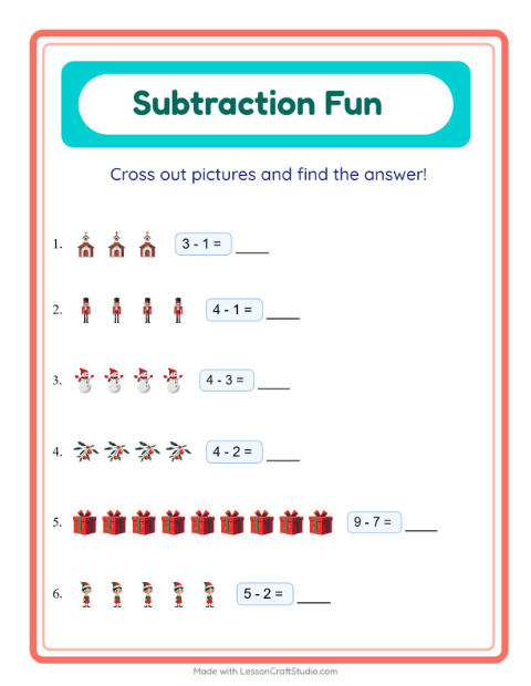 Preview of Subtraction worksheet featuring Christmas for kindergarten