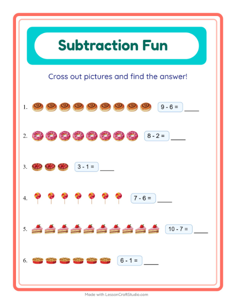 Preview of Subtraction worksheet featuring Desserts and Sweets for kindergarten