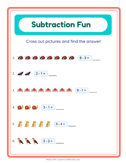 Preview of Subtraction worksheet featuring Forest Creatures for kindergarten