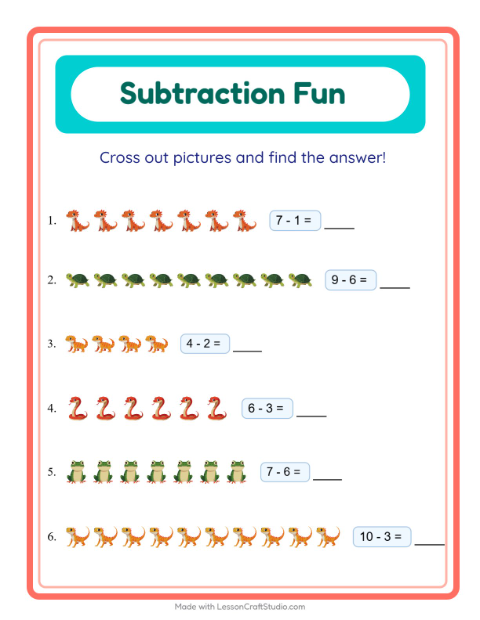 Preview of Subtraction worksheet featuring Reptiles and Amphibians for kindergarten