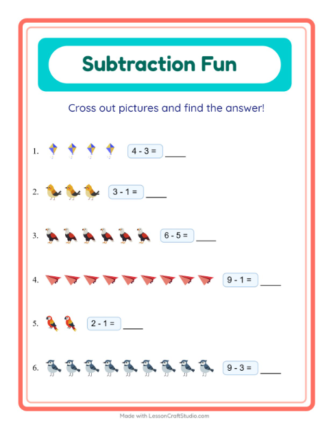 Preview of Subtraction worksheet featuring Things That Fly for kindergarten