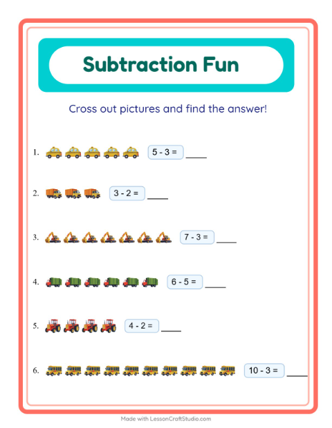 Preview of Subtraction worksheet featuring Vehicles for kindergarten