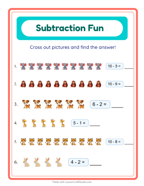 Preview of Subtraction worksheet featuring Animals for kindergarten
