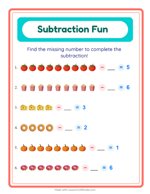 Preview of Subtraction worksheet featuring At the Supermarket for kindergarten