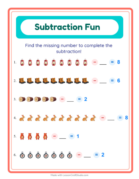 Preview of Subtraction worksheet featuring Camping for kindergarten