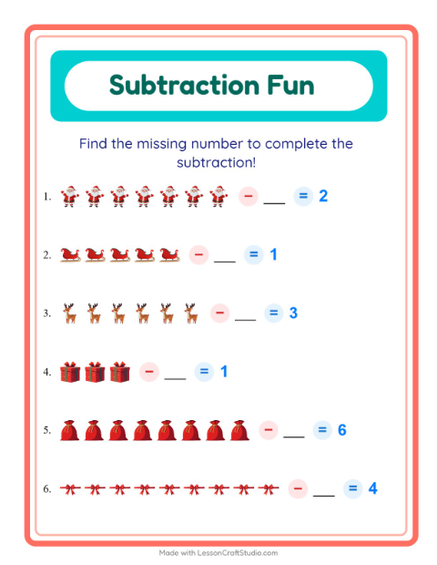 Preview of Subtraction worksheet featuring Christmas for kindergarten
